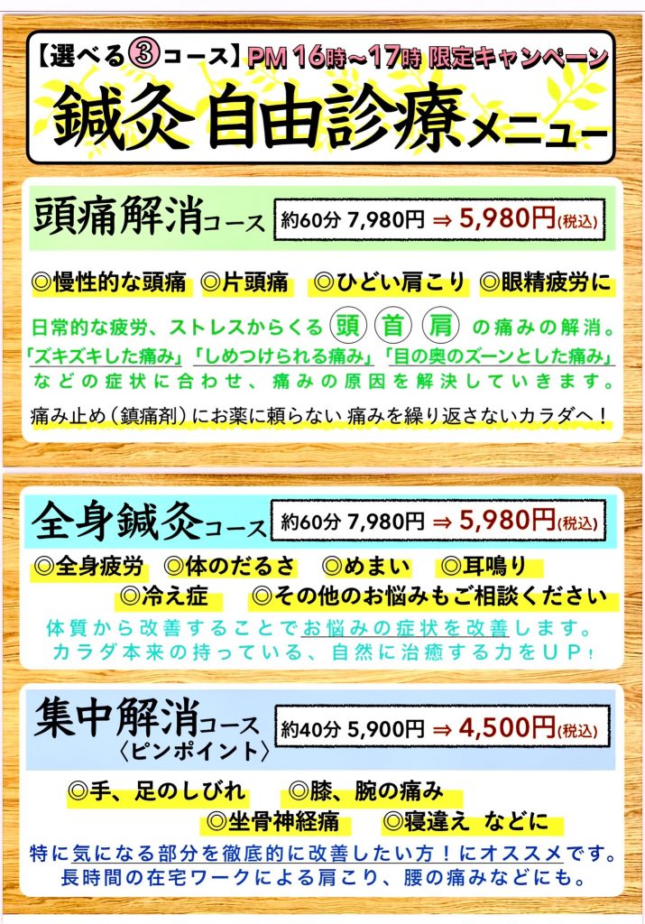 【PM１６時〜１７時 限定キャンペーン】【鍼灸治療コース】